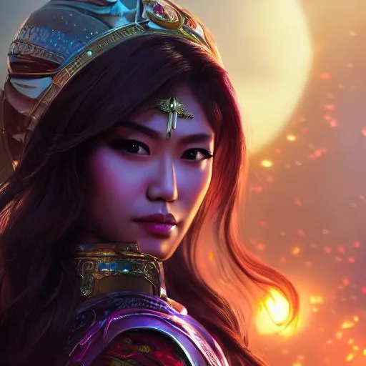 Prompt: Professional painting of a beautiful  asian woman, by  Rutkowski, and other Artstation illustrators, intricate details, face, full body portrait, , illustration, UHD, 4K Apocalypse War, Ultra tecnology, Dark future, golden robots , purple moonlight background