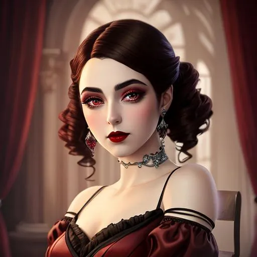 Prompt: Ethereal fantasy image detailed painting by Tim burton and artgerm portrait of a beautiful 1920's high class young aristocrat female with dark brown eyes perfect cherry red lips wearing a very beautiful formal gown,  artgerm, award-winning cgi, blender 