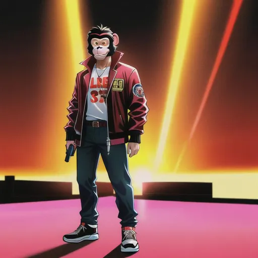 Prompt: a man wearing monkey mask and school jacket, full body, carrying guns, covered in blood, gore, shiny neon lights, 70s, vice, neon lights, bright lighting, sunset, splash art, GTA vice city, volumetric lighting, ultra HD