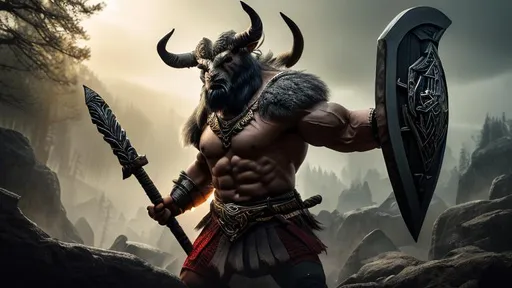 Prompt: Front of vengeful minotaur with grey hair and with red viking style stripe on left face, handling huge viking axe, Sharp gazing eye, massive and muscular, dark woods, perfect composition, hyperrealistic, super detailed, 8k, high quality, trending art, trending on artstation, sharp focus, studio photo, intricate details, highly detailed, by greg rutkowski