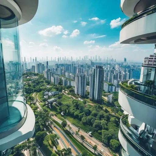Prompt: High up on a tall skyscraper with gardens and green vines on balconies overlooking futuristic cityscape blue sky white clouds