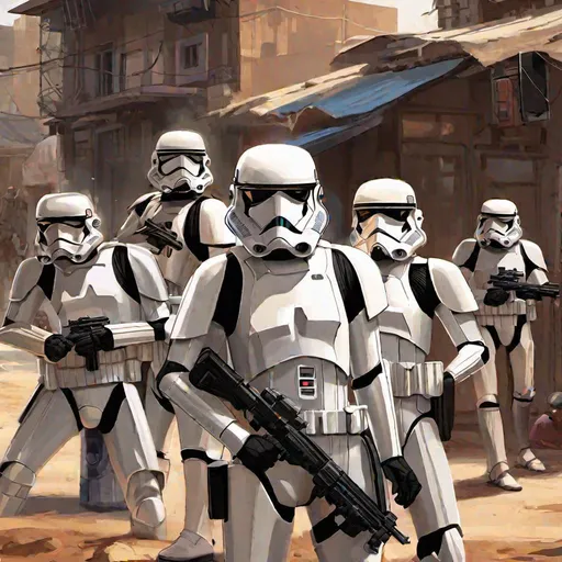 Prompt: a squad of star wars stormtroopers arresting a crimelord. In background a scifi slum. Star wars art. rpg. rpg art. 2d art. 2d.