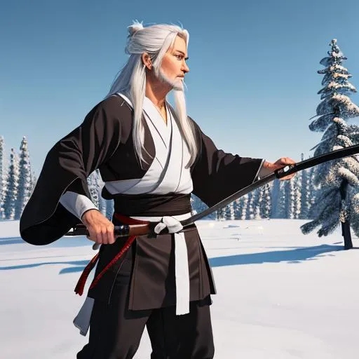 Prompt: full-body oil painting of an old master performing kenjutsu with a katana, with long white hair, wears hide clothing, stands upon a tundra, UHD, hd, 8k, Very detailed, style of Antoni Tudisco, Beeple, Jinhwa Jang, panned out view of character, zoomed out view of whole character's body is visible, character is centered, whole character in view, whole character is seen