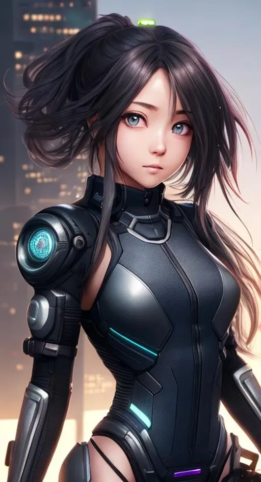 Prompt: Dystopian, High Detail RAW color Photo, Full Shot, upper half view, (cute and innocent female), long stray hair, detailed face, detailed eyes, centered,

standing on an overlook, looking out at sprawling cyberpunk city skyline, perfect face, (highly detailed, fine details, intricate), (lens flare:0.5), (bloom:0.5), raytracing, specular lighting, shallow depth of field, 200mm lens, hard focus, smooth, cinematic film still,

((cinematic lighting, volumetric lighting, iridescent lighting reflection, reflection, beautiful shading, head light, back light, natural light, ray tracing, symmetrical)),

masterpiece, professional work, HD, UHD, 64K, 128K,