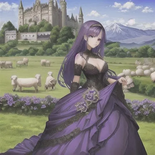 Prompt: anime eyes, beautiful intricate purple hair, intricate ball gown, in a field with sheep and a castle in the background, blue sky's, bright colors, mountains, far ground
