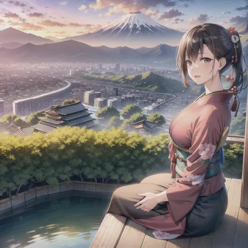 Prompt: photo realistic, high detail, japan style, view from above, sunset, mountains in background