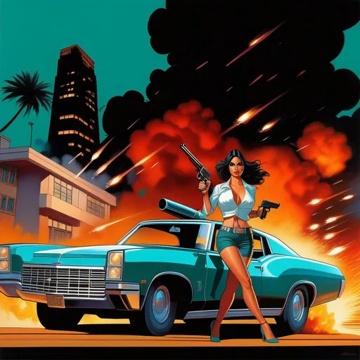 Prompt: GTA cover art, latina woman with guns, explosions, car chase, cartoony, dark teal atmosphere, extremely detailed painting by Greg Rutkowski and by Henry Justice Ford and by Steve Henderson