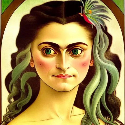 Prompt: in the style of botticelli. a middle aged woman with long gray hair. she has green eyes. she has green feathers in her air. in the style of alphonse mucha. in the style of maurice sendak. Salvador Dali style, Frida Kahlo style, Mark Ryden style eyes, triadic color, backlit, wide-eyed blown pupils, mutilated, death mask, I loved her once, she loved me, now we lay rotting together for eternity
