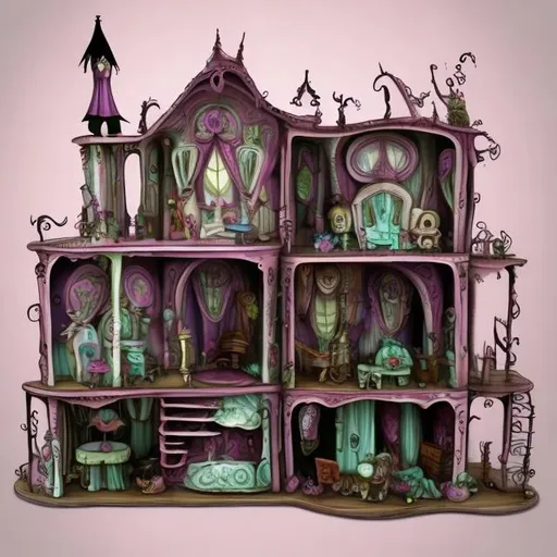 Prompt: Dollhouse toys in the style of Tim Burton 