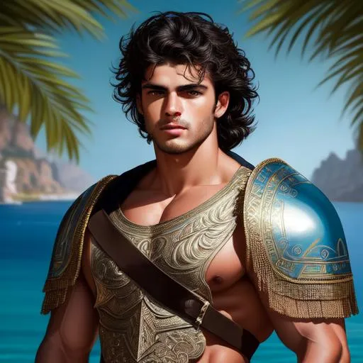 Prompt: Face Portrait of a epic character male twenty-year-old greek hero,  bodybuilder physique, black unruly hair, tanned capri-pants armour "authentic roman greek clothes"  "white tunic" oil painting style, Sparth style, Caravaggio Style, high quality, masterpiece,  highres, beautiful, handsome, biceps, UHQ  oil on canvas, cyan and brown, neon, inksplatter, acrylic painting, dynamic pose, belts,
sandals, architecture background, dramatic lighting, divine proportions 