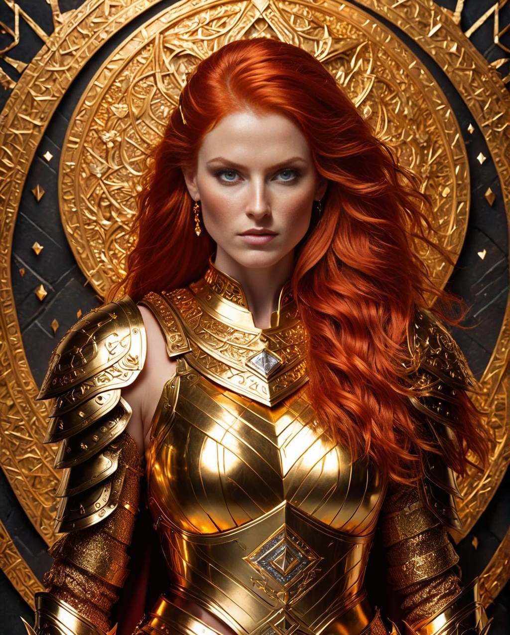 Prompt: a picture of a red-haired warrior woman a golden armour with diamonds in it runes very detailed, detailed, realistic, 8k uhd, high quality