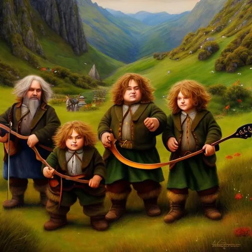 Prompt: Tenacious D as hobbits, {{{Masterpiece}}}, 4K, painting, traditional art,