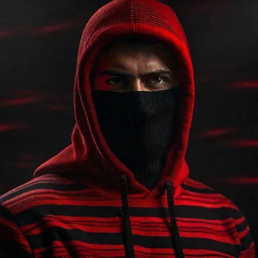 Prompt: A man wearing a red sweatshirt with black stripes and a black balaclava, Hyperrealistic, sharp focus, Professional, UHD, HDR, 8K, Render, electronic, dramatic, vivid, pressure, stress, nervous vibe, loud, tension, traumatic, dark, cataclysmic, violent, fighting, Epic