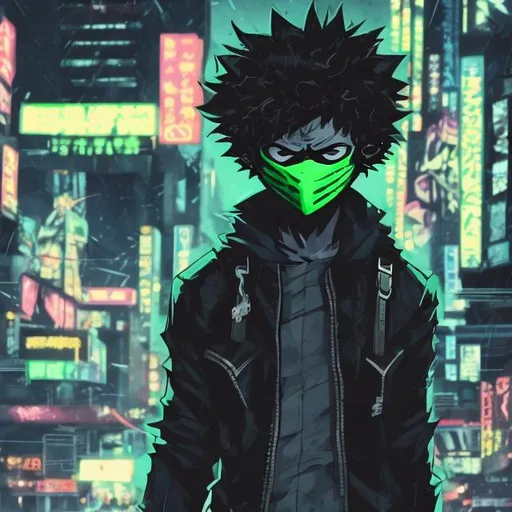 Prompt:  Accurate masked vigilante deku super villain. Very Dark image with lots of shadows. Neon green accents. Background partially destroyed neo Tokyo. Noir anime. Tattered clothes. Tired. Evil