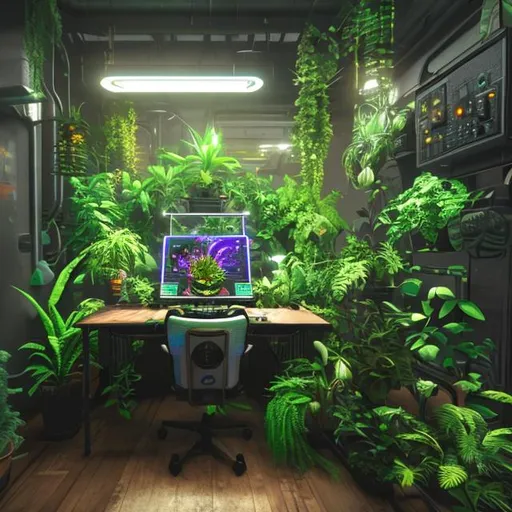 Prompt: Solar Punk Computer with lots of plants around

