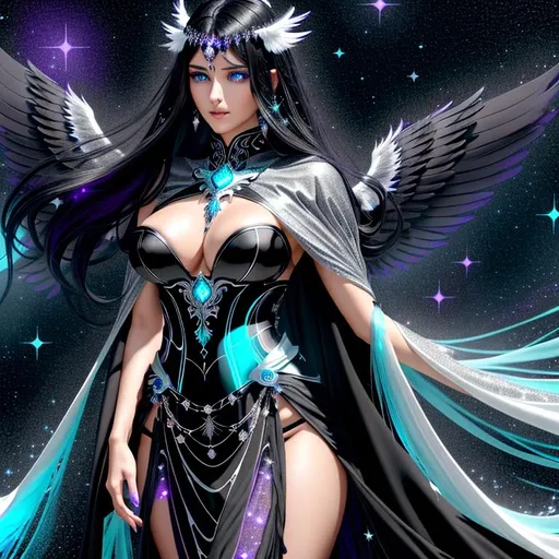 Prompt: Tall, darkly ethereal, inhumanly beautiful female humanoid angelic creature with one black and purple wing and one white and teal wing, and flowing dark black hair flecked with stars blowing in the wind shrouded in a long flowing cloak made with an ornate silver and black breastplate and trailing mesmerizing flowing wisps of shadows and light with glittering glowing ice blue eyes and a detailed, delicate, pale, and serious face with delicately pointed ears with intricate silver earrings, and a intricate purple and silver crown, and hands with an intricate silver and blue ring on her left ring finger, and ornate silver bracelets on each wrist   with a crescent moon and stars in the background 
