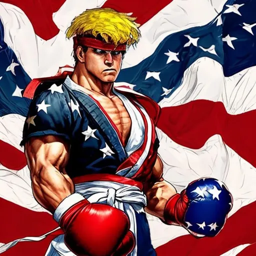 Prompt: Please create art to go along with a song about the USA winning in the style of streetfighter the game. The song has the line USA win win win repeated in it.