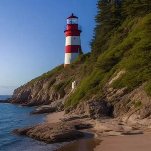 Prompt: Scenic shot, Remote lighthouse, Empty shore, Calm sea, Serenity, Solitude, Breath-taking, Beautiful view, Quiet, 4k, Sharp Focus, sharp detail, crisp, National Geographic, Editorial