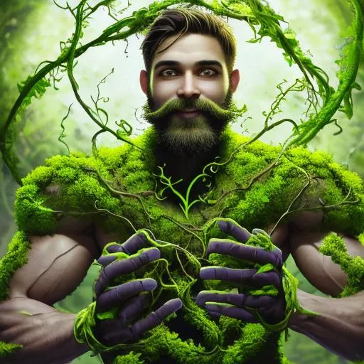 Prompt: ripped vine man scientist extends vines from his elbow instead of hands, he smiles as his moss beard fills with flower blossoms, backlit, glowing shadows, intricate details, light fractals,