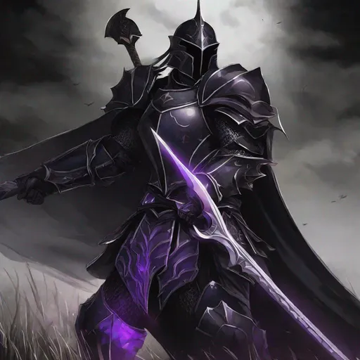 Prompt: Anime The black knight, yes 6 feet tall, 185 - 200 pounds has black Armour with purple trimming he has a helmet the covers his face, he also have a battle axe holsterd on his back, the armor should not be to bulky

In a open field at night