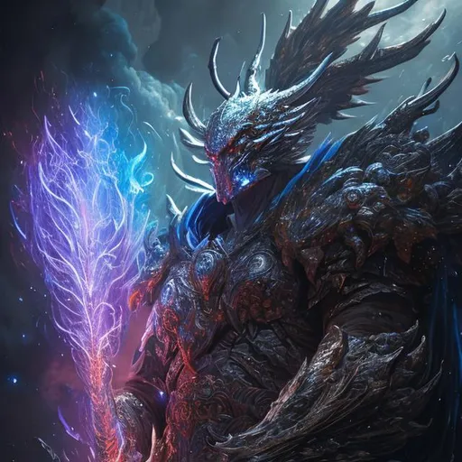 Prompt: celestial being adorned in shimmering armor, blue fire in his claw hand, demonic wings, galaxy background, perfect composition, hyperrealistic, super detailed, 8k, high quality, trending art, trending on artstation, sharp focus, studio photo, intricate details, highly detailed, by greg rutkowski