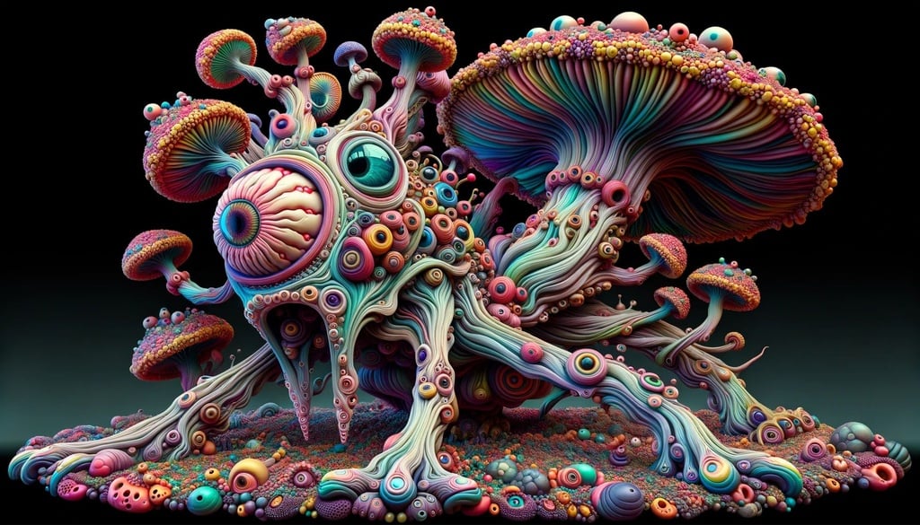 Prompt: An illustration of a whimsical creature, the psychedelic psychedelic art by steve wilson, in the style of zbrush, neurocore, poured, surrealistic dreamlike scenes, mushroomcore, uhd image, conceptual art pieces in wide ratio