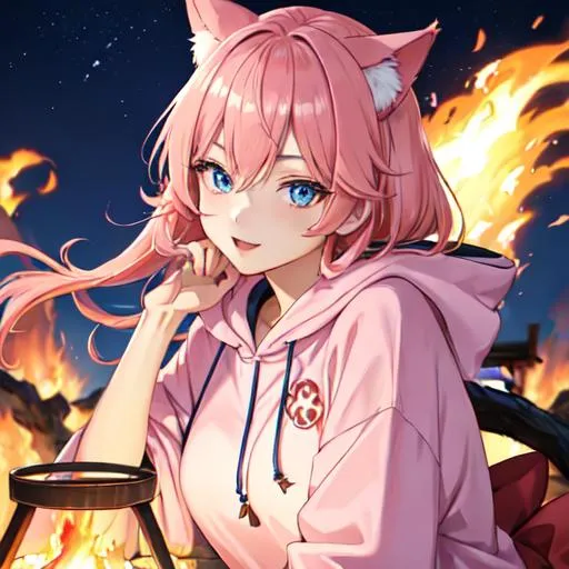 Prompt: Japan as a female human, 8k, UHD,  highly detailed, pink hair, blue eyes, cat ears, wearing a hoodie, night, at a bonfire