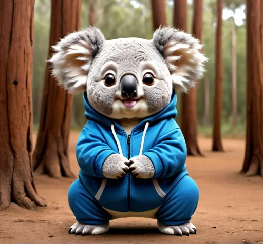 Prompt: A chubby koala wearing a blue hoodie