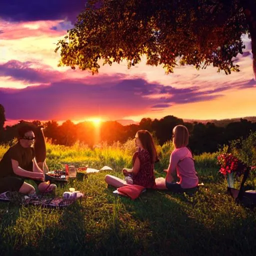 Prompt: A beautiful glowing sunset with people having picnics hyperrealistic 8K