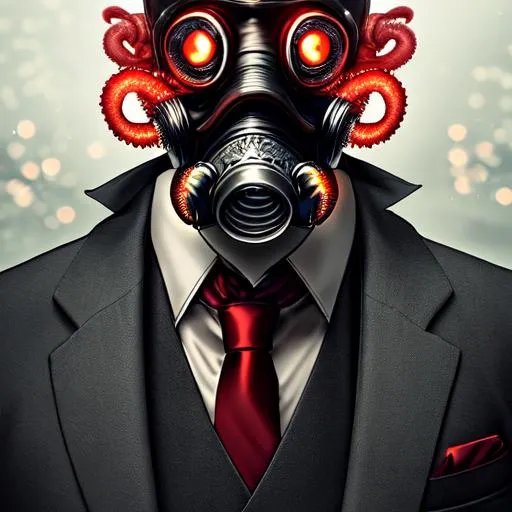 Prompt: HDR, professional, 64k, best version, masterpiece, 150mm, bokeh, A bald faceless man wearing a dual filter gas mask with glowing red eyes and a 3 piece suit and a red tie, black long tenticles omniously float in the background, full-body portrait, eldrich, ethereal, lovecraftian, Horror by Andy Fairhurst