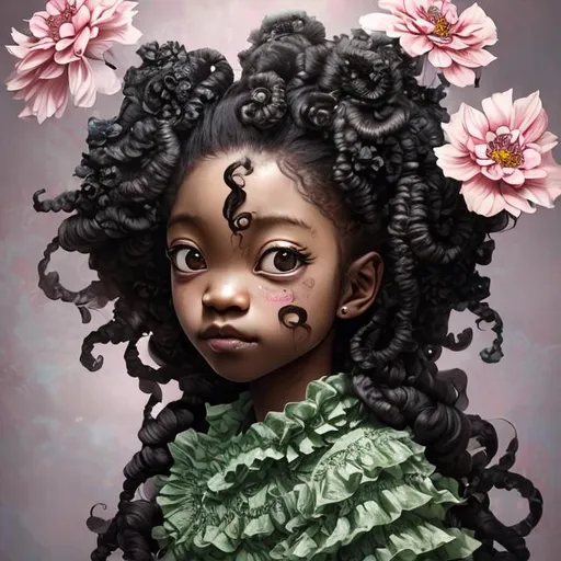 Prompt: Artwork by Daisuke Hagiwara of a black girl, curly long hair, flowers in hair, soft green and black dress with ruffle and bow details, light black eyes, upturned mouth, hyper detailed and intricate, ornate, (sharp focus:1.2),smooth facial, eyes, nose, hand features, vivid, vibrant, 8K 3D, (UHD:1.2), 8k resolution, character design, CloverWorks, (rendered by real engine 5)