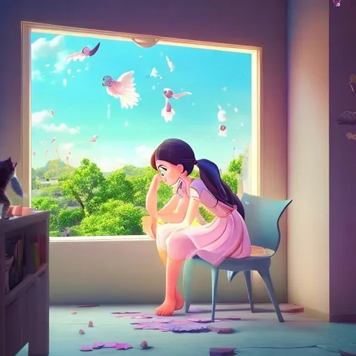 Prompt: a animated girl siting on a chair near window and cat playing near her foot outside window birds flying in the sky