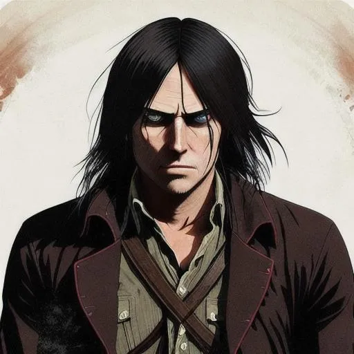 Prompt: Portrait of Eren Yeager as a character in red dead redemption 2, black outfit, long hair, very long hair