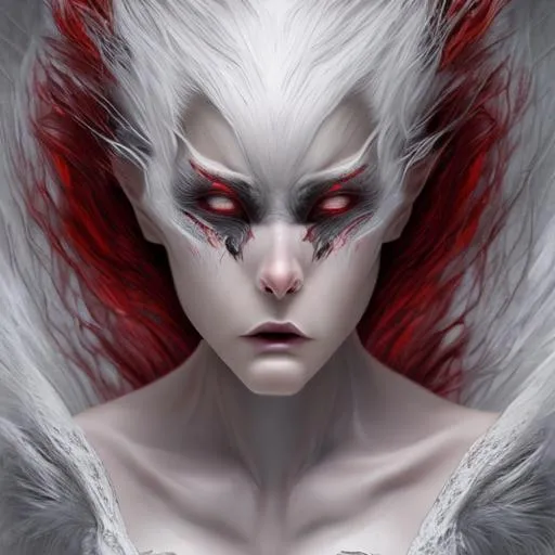 Prompt: (masterpiece, illustration, best quality:1.5), insanely beautiful white haired wolf girl made of red lightning, evil grin, made of red lightning, radiating red lightning, hair made of red lightning, global illumination, night, finely detailed, alert, detailed face, beautiful detailed eyes, beautiful defined detailed legs, beautiful detailed shading, highly Detailed body, red lightning halo, body crackling with red lightning, billowing wild fur, red magic tattoo , lightning elemental, radiating red lightning, red lightning atmosphere, full body focus, beautifully detailed background, cinematic, 64K, UHD, by Yuino Chiri