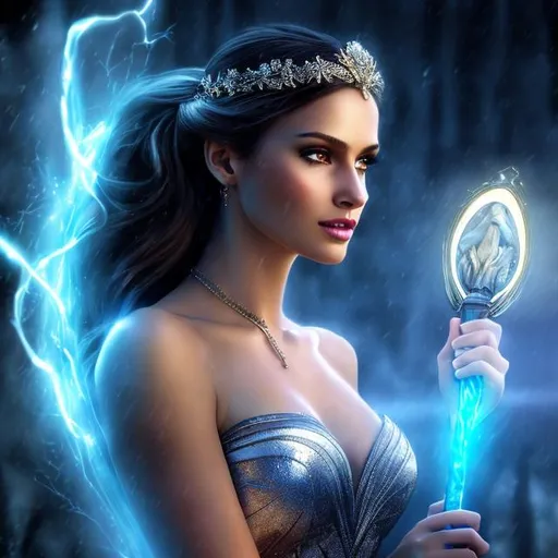 Prompt: HD 4k 3D 8k professional modeling photo hyper realistic beautiful woman ethereal greek goddess of liberty
gray hair blue eyes gorgeous face black skin beautiful shimmering grecian dress headpiece holding torch and book full body surrounded by magical glowing light hd landscape background falling rain standing triumphant 