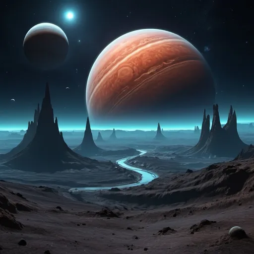 Prompt: Alien planet landscape, night, orbiting gas giant