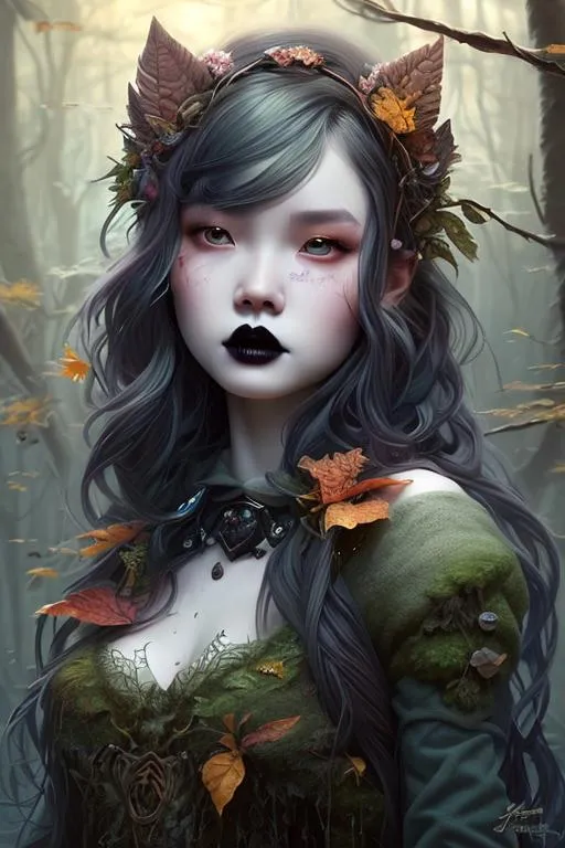 Prompt: A hyperrealistic centered portrait photography of a cute woman as a woodland goth character,smooth skin, art by john howe and stephanie pui mun law,stunning,vibrant, 8k resolution concept art, Artgerm,dynamic lighting hyperdetailed intricately detailed Splash art trending on Artstation triadic colors Unreal Engine 5 volumetric lighting


