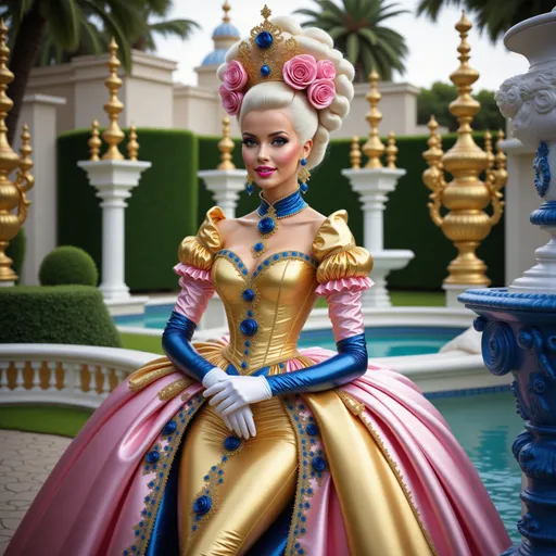 Prompt: In a fantastical, surreal rococo ballroom where architecture bends and distorts like a waking dream, the scene is anchored by commanding  mythological and deeply symbolical figures looming close in the foreground — a woman and a young girl stand elegantly close, exuding charm and grace, her presence large, vivid, and unmissable.
They stand so near the viewer that the material structure of her extravagant dress dominates the frame — not fabric, but reflective surfaces: curved pink chrome panels, sculpted pink aluminum foil, and mirror-shined blue metal plating catch the fractured light from off-angle windows with brilliant intensity.
The woman’s gown is an awe-inspiring composition of striped pink chrome lamination and segmented blue steel plating, assembled into voluminous baroque forms. Intricate patterns are formed not with embroidery, but with twisted silver mesh, enameled metal filigree, and ribbons of pink polished brass, all arranged in a fantastical crinoline structure. Her classic black updo and radiant smile further amplify her regal, surreal presence.
Beside her, the blonde girl wears a sculptural dress forged from pink colored glass shards, polished blue copper sheets, and mirrored mosaic tiles, arranged in gleaming cascades and crystalline flounces. Her delicate hairpiece glows with inlaid crystal and reflective enamel, refracting ambient light. She leans affectionately against the woman, their joyful expressions captured in a moment of luminous, high-shine connection.
The gown’s structural skirt spills partially out of frame, catching and bouncing ambient light like a reflective chandelier. One sculpted sleeve — a smooth segment of convex chrome — nearly brushes the “lens,” while layers of pink lacquered aluminum and transparent resin veils flow unevenly around her arms in stiff, radiant arcs. Her towering wig, a sculptural mass of curls and blue  ostrich plumes, dominates the upper portion of the image, skewing leftward in a dramatic curve.
Behind the figures unfolds the chaotic grandeur of the ballroom: warped windows spill tilted light across a slanted floor; oversized mirrors reflect only fragments of the room; floral arrangements explode asymmetrically from massive, tilting vases. The architecture defies symmetry — walls rise at differing angles, and ceiling panels twist as though liquefied.
The pastel tones shimmer like oil on water, and reflections ripple unpredictably across polished, uneven surfaces. Every material — from the figures’ garments to the distant ceiling — pulses with surreal brilliance and radiant distortion. This is no distant spectacle — it’s an intimate, immersive plunge into opulent fantasy, with the main figure’s magnetic, mirror-polished presence drawing the viewer in almost physically.