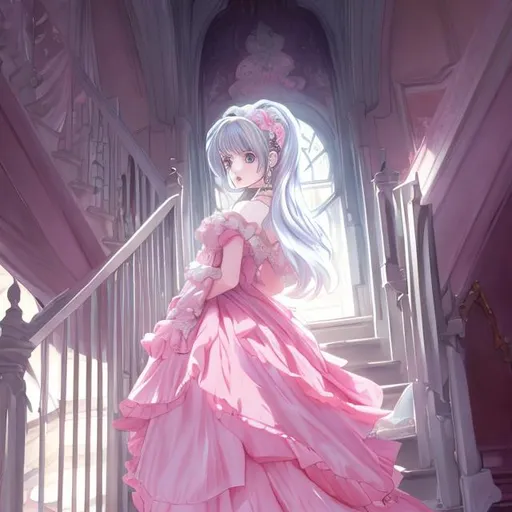 Prompt: "anime princess wearing pink gown shocked standing on the stairs by artist "anime", Anime Key Visual, Japanese Manga, Pixiv, Zerochan, Anime art, Fantia"