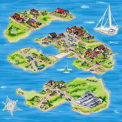 Prompt: shore port town and docks on islands, hand painted and drawn map