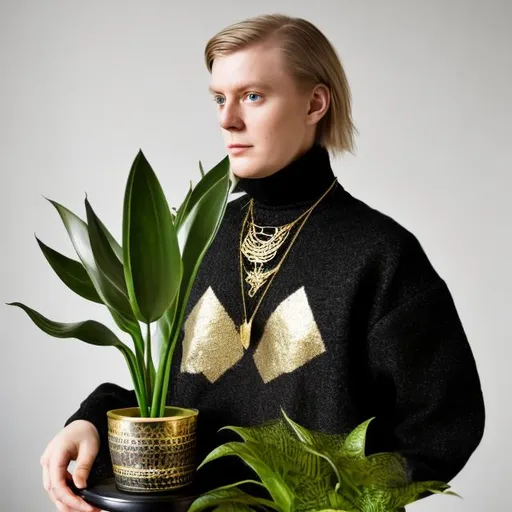 Prompt: Danish modern, Norwegian DJ, house plants, black turtle neck and gold necklace