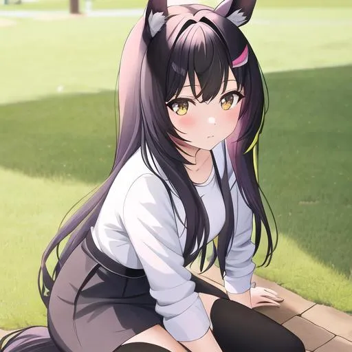 Prompt: Haley as a horse girl with dark multi-color hair, sitting on the ground, lifeless expression in her eyes
