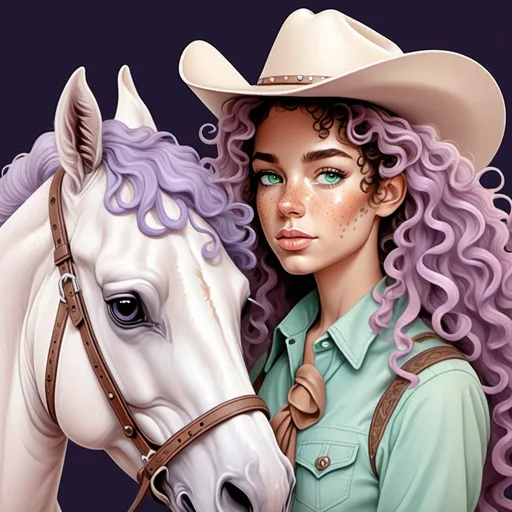 Prompt: Ilustración estilizada no realista.  Usa colores pastel (suaves pero vibrantes)Hay una cowgirl de pelo rizado, y de algun color pastel oscuro oscuro, ojos pastel de ina mezcla de verde y marron pastel oscuro, con pecas y un sombrero de cowboy, con un caballo morado pastel. La crin, el flequillo y la cola son morado pastel mas oscuro. en la cara en caballo tiene una mancha ancha blanca de arriba abajo en centro. Mantén un estilo constante vaporwave en toda la ilustracion