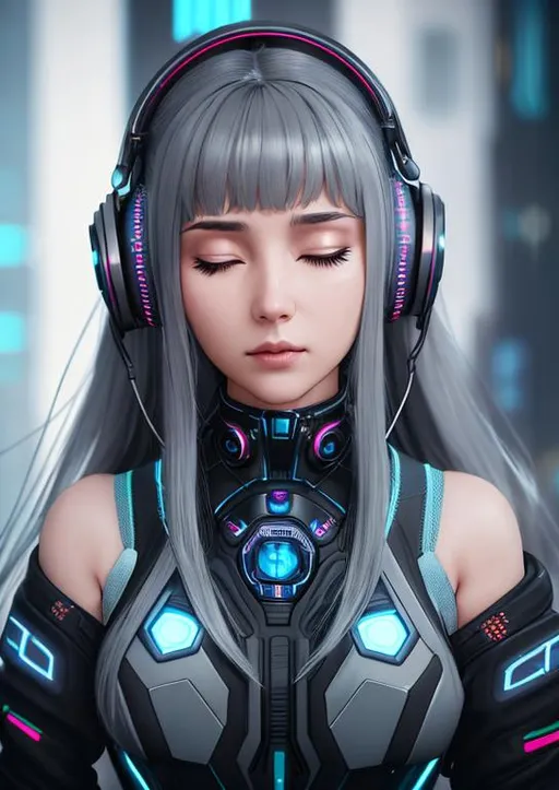 Prompt: portrait, close up photography of a gorgeous cyberpunk girl, grey long hair, (facing the camera) wearing a headphone,(closed eyes), bokeh, symmetrical , and futuristic light blue-black tech suit.
neon, blade runner 2049, cinematic light, cyberpunk, hyperrealism, highly detailed, intricate detailed, volumetric lighting, deep cyberpunk mechanoid, hyper-realistic cyberpunk style