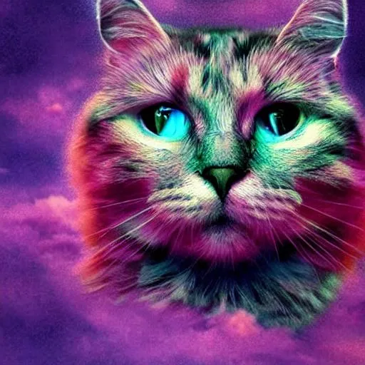 Prompt: cloud formation in the shape of cat, in a purple sky, fantasy art,  dreamy, color splash