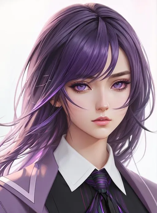 Prompt: illustration art, front, modern fashion, epic Instagram, artstation, hyperdetailed, unreal engine, modern anime anime style, complementary colors, 8k, deviantart masterpiece, oil painting, heavy strokes, young woman, violet hair, purple haze eyes, collared shirt, tight sleeve shirt