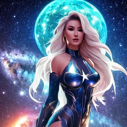 Prompt: Beautiful woman, buxom, whole, equal proportions, equal body and face ratio, floating through space, stars, galaxies, nebulas, starry skies, balanced, universe, fantasy, photo real