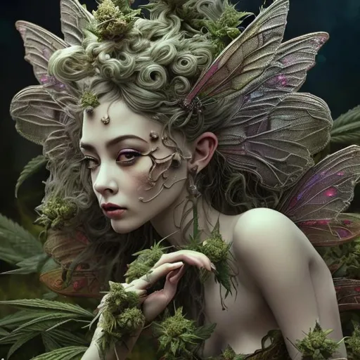 Prompt: Intricately detailed beautiful fairy goddess of the marijuana harvest hyper realistic extremely detailed dark cinematic in the style of Dali