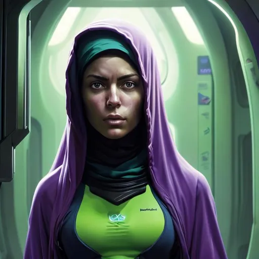Prompt: Oil painting of a woman with Iranian features and dark hair in a head scarf, pretty face, In futuristic storage bay, wearing futuristic dark green body protection vest over whole torso, no sleeves bare arms, purple shorts bare legs, perfect composition, hype realistic, super detailed, 8k, high quality, trending art, trending on artstation, sharp focus, studio photo, intricate details, highly detailed, by greg rutkowski
