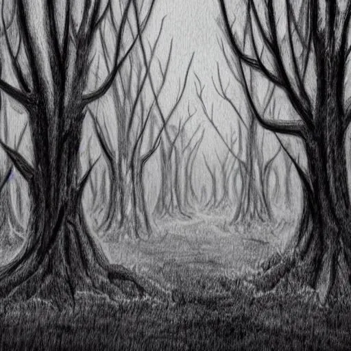 Prompt: hd extremely high quality dark gloomy mysterious creepy forest sketch with white borders around it